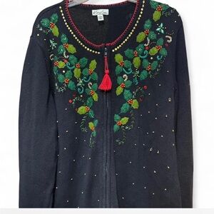 Karen Scott Women's Black Cardigan with Green and Red Embroidery